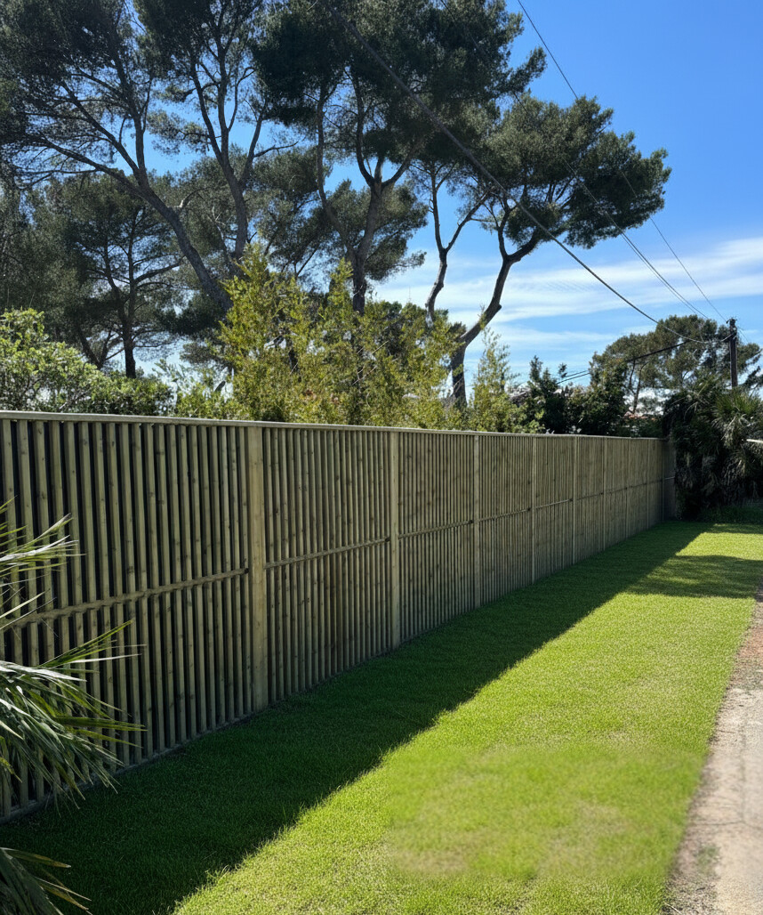 Une clôture en bois entourée de buissons verts et d'une pelouse sous un ciel partiellement nuageux.