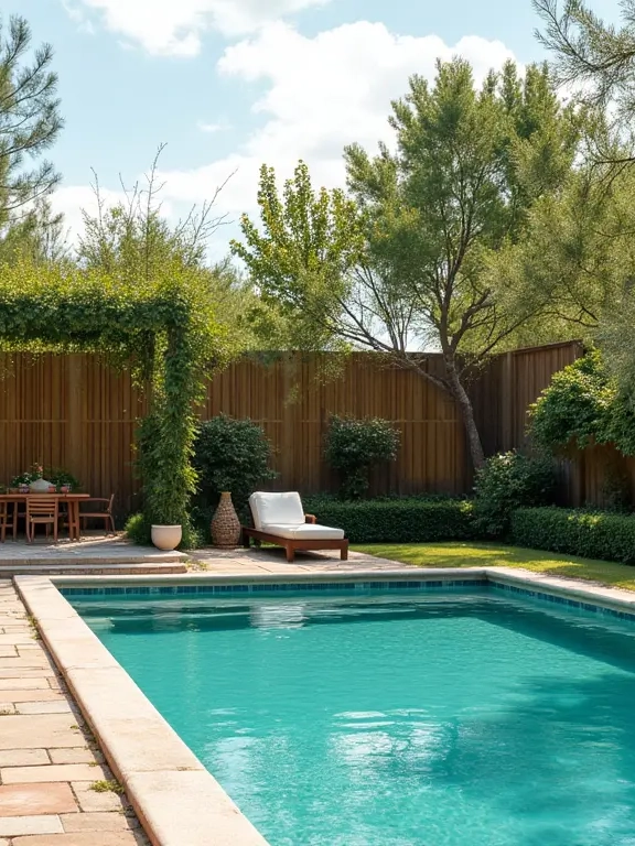 Une piscine entourée de dalles en pierre avec un transat blanc et un coin repas sous une pergola végétalisée.