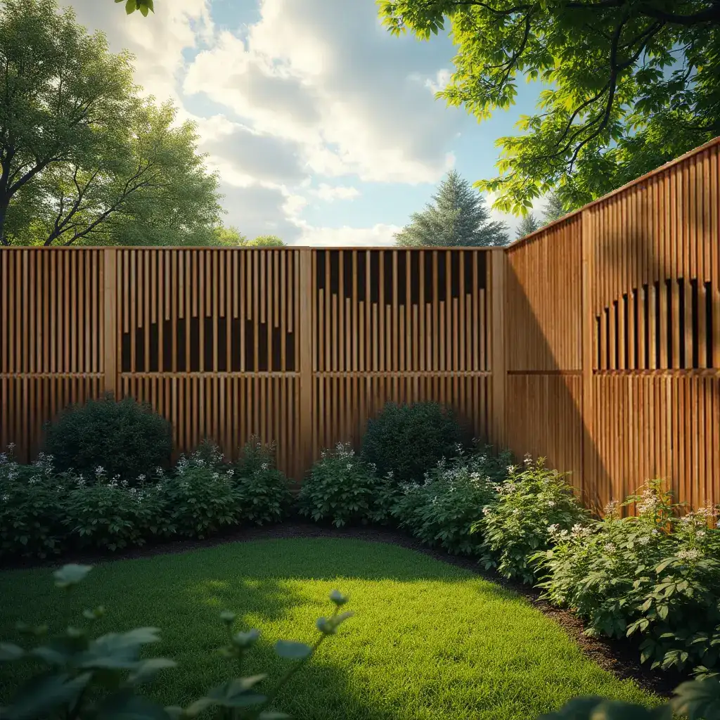 Une clôture en bois entourée de buissons verts et d'une pelouse sous un ciel partiellement nuageux.