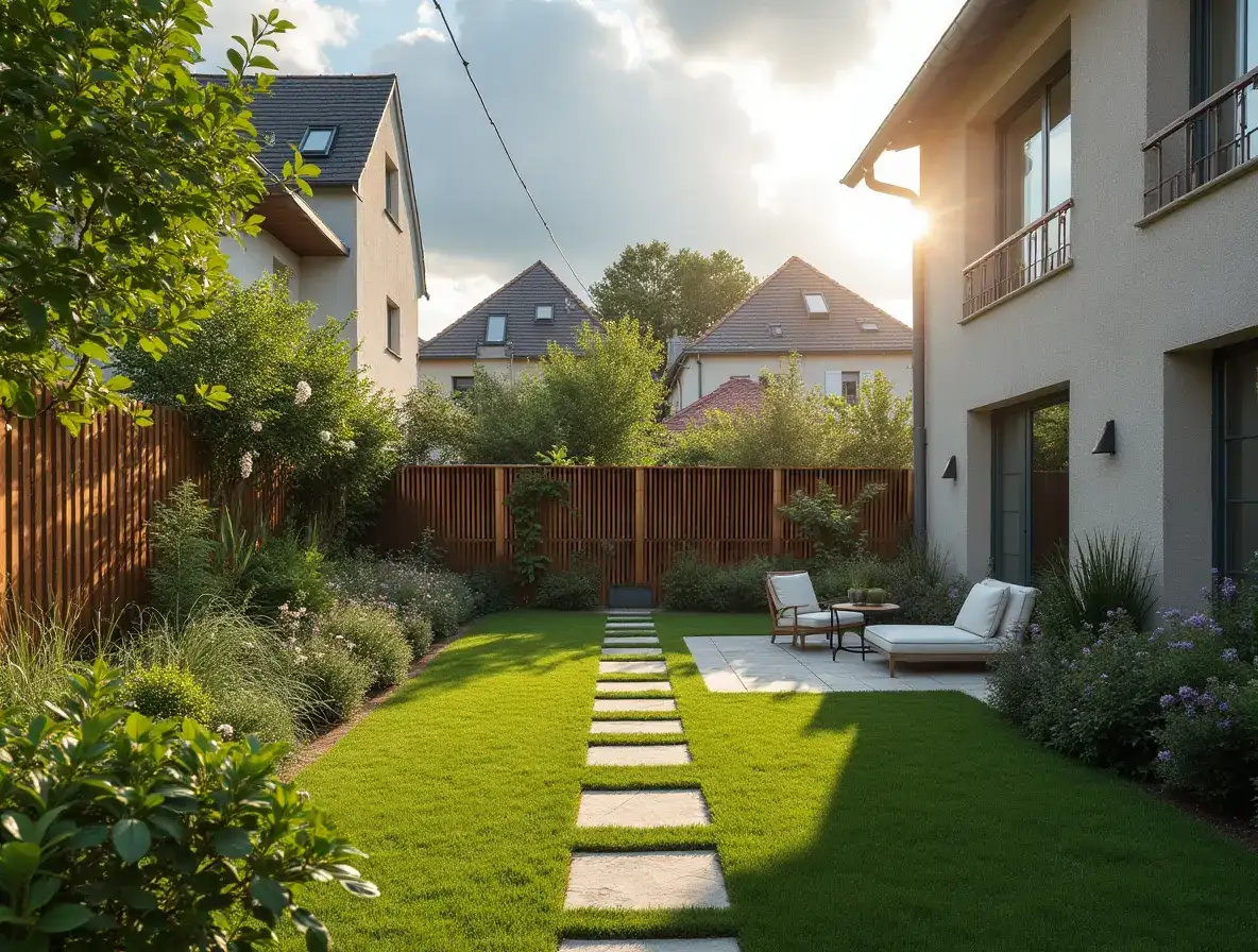 Jardin avec pelouse verte, allée en dalles, terrasse aménagée avec chaises longues, entouré de haies et clôtures en bois.
