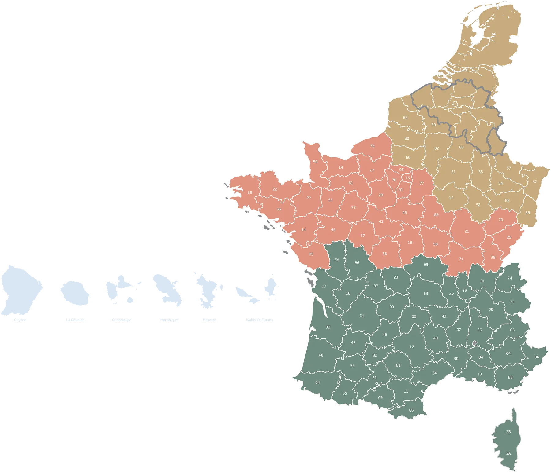 Carte de France montrant les départements en trois couleurs : beige au nord, rose au centre, vert au sud.