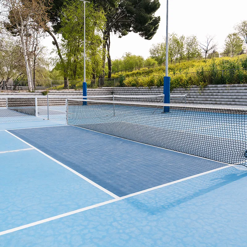 Terrain de pickleball bleu avec filet, entouré d'arbres et de gradins en béton sous un ciel clair.