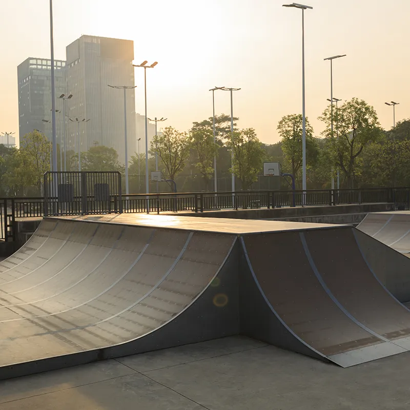 Rampe de skate en métal dans un skatepark urbain au coucher du soleil, avec des arbres et des bâtiments en arrière-plan.