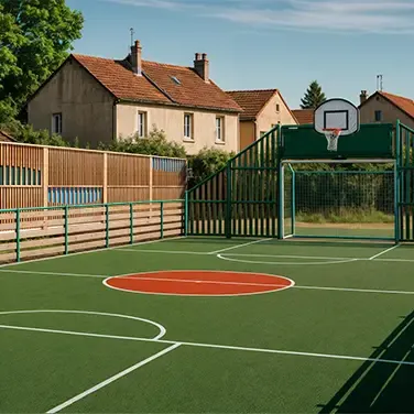 Terrain de sport extérieur avec marquages blancs, panier de basket et maisons en arrière-plan sous un ciel dégagé.