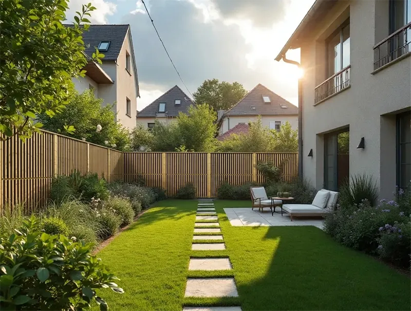 Un jardin avec pelouse verte, chemin de dalles, clôture en bois, et terrasse aménagée avec chaises longues près d'une maison.