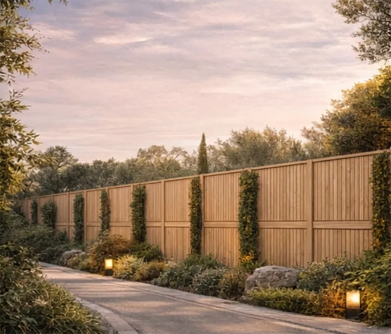 Clôture en bois avec des plantes grimpantes, bordée de verdure, sous un ciel rosé au crépuscule.