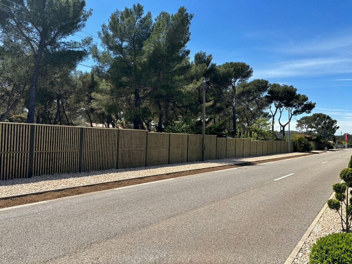 Une clôture en bois entourée de buissons verts et d'une pelouse sous un ciel partiellement nuageux.